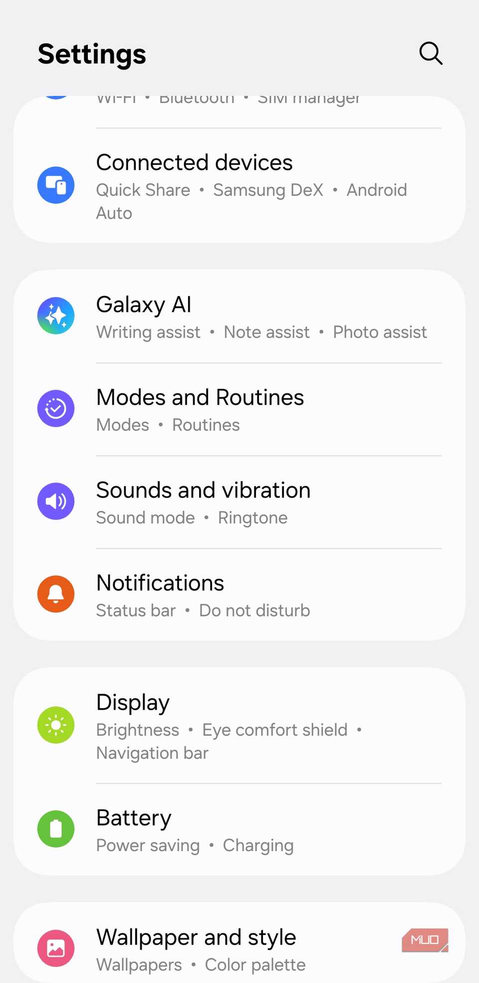 Settings menu on Android