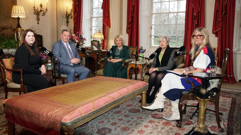(L-R) Amy and John Hunt, Queen Camilla, Baroness Theresa May and Emma Barnett. Pic: PA/Buckingham Palace