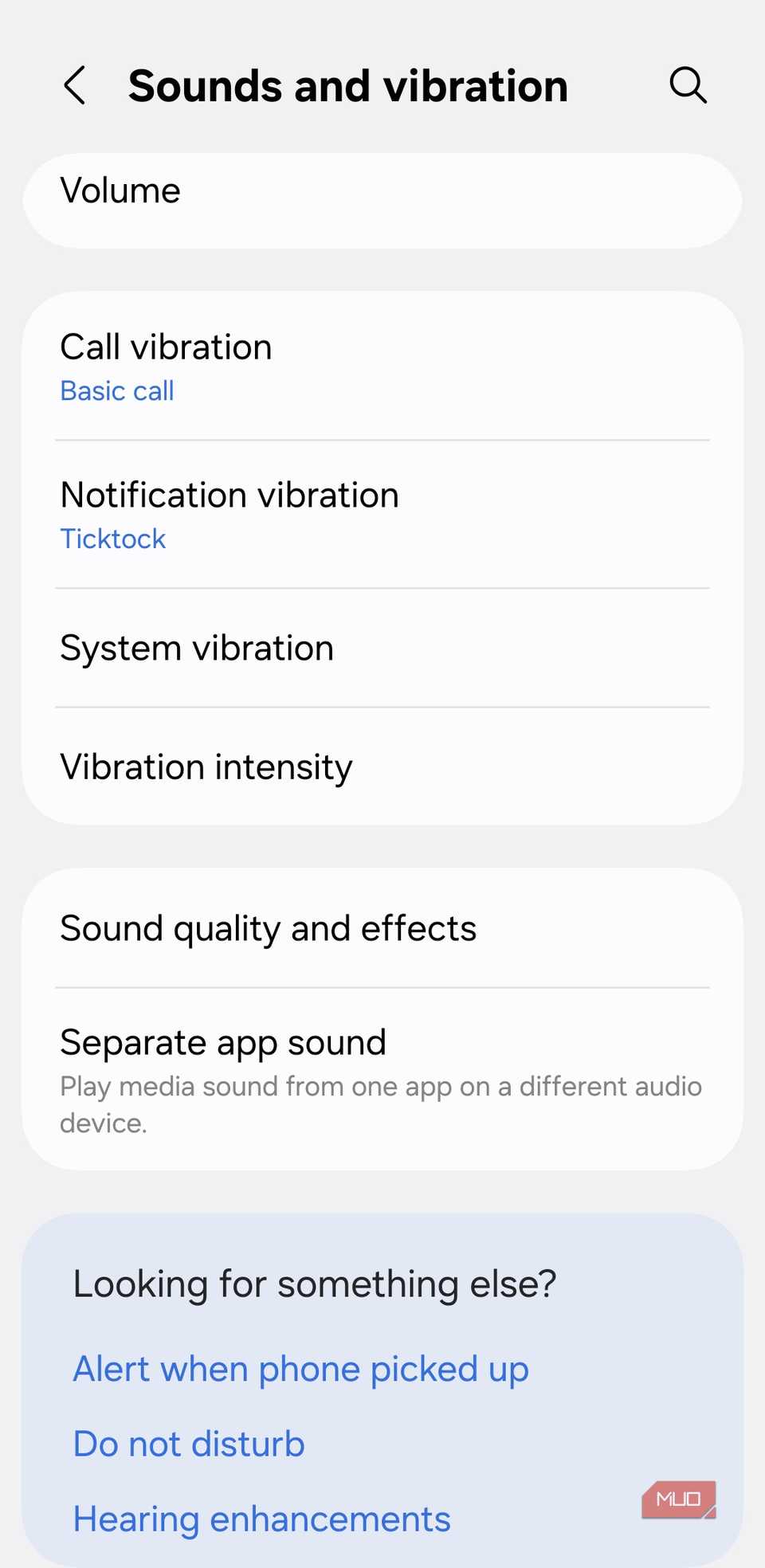 Sounds and vibration menu on Android