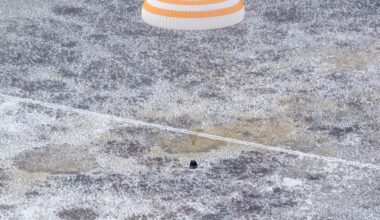 The Soyuz MS-27 spacecraft is seen as it lands in a remote area near the town of Zhezkazgan, Kazakhstan with Expedition 73 NASA astronaut Jonny Kim, and Roscosmos cosmonauts Sergey Ryzhikov, and Alexey Zubritsky aboard, Tuesday, Dec. 9, 2025. The trio are returning to Earth after logging 245 days in space as members of Expeditions 72 and 73 aboard the International Space Station.