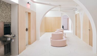 Pink sofa in spa waiting area