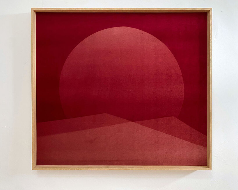 Nicolas Grospierre, Heliogram (Occulted Blood Sun), 2024, Velvet, oak frame, 90 x 100 x 7 cm