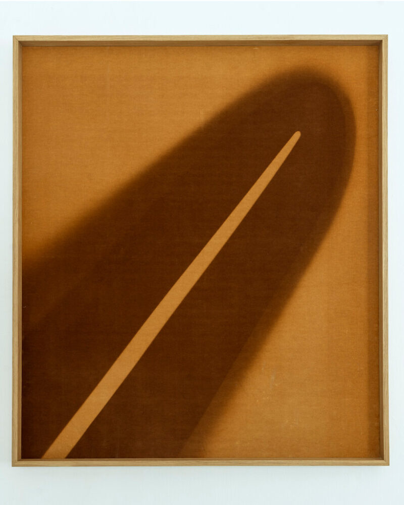 Nicolas Grospierre, Heliogram (Golden Sun Blade), 2025, Velvet, oak frame, 150 x 125 x 8 cm