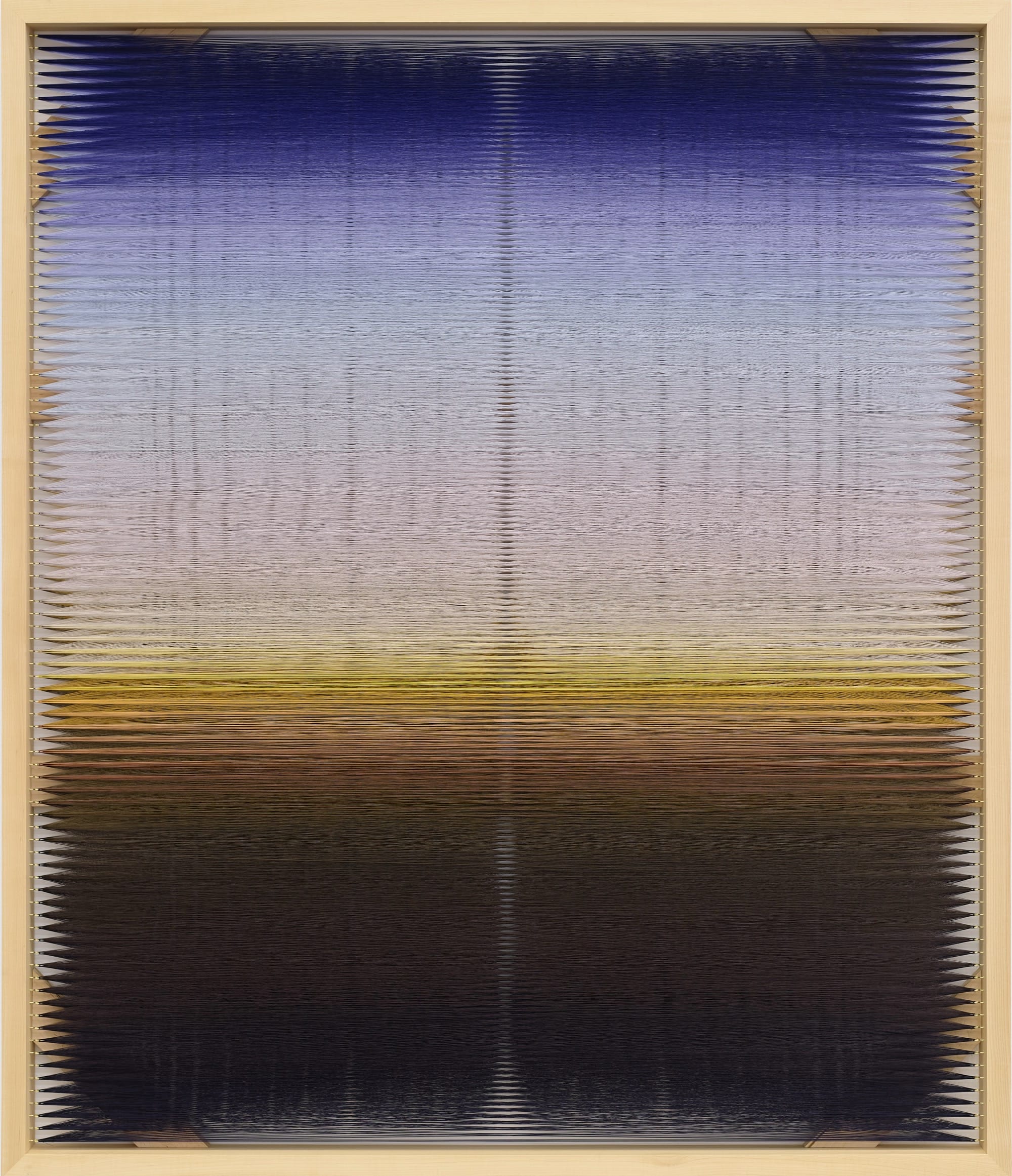 An abstract weaving by Rachel Mica Weiss of a purple-yellow-brown gradient made with numerous strands of embroidery thread pulled with tension within a maple frame