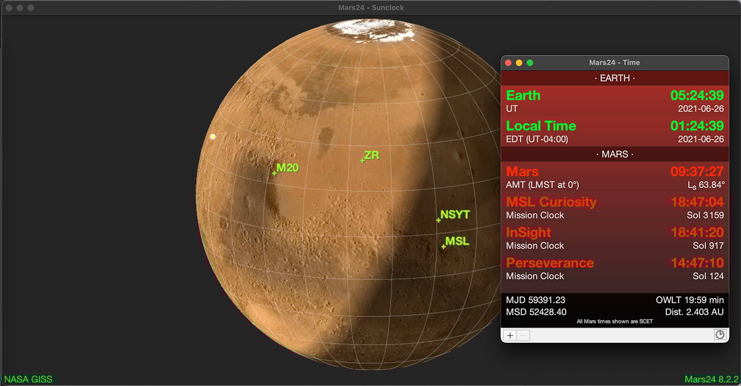 The Mars24 software displays a Mars sunclock, a graphical representation of the planet Mars showing its current standard Mars time. Credit: NASA GISS
