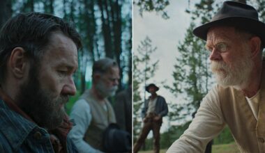 Two split-screen scenes: On the left, three adult men with serious expressions sit outdoors among trees; on the right, an older man with a white beard, hat, and glasses leans forward, with trees and two blurred figures in the background.