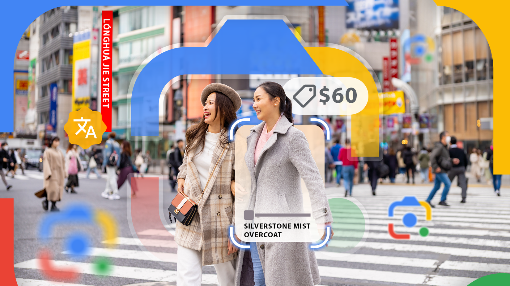 Two women walking down the street, with some Google Lens features highlighted and its logo in the background.