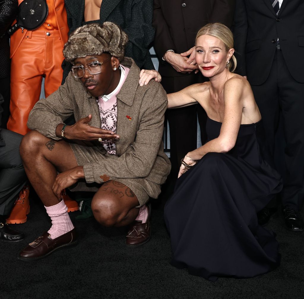 Rapper Tyler, the Creator  and Gwyneth Paltrow attend the premiere of their new movie, “Marty Supreme.”