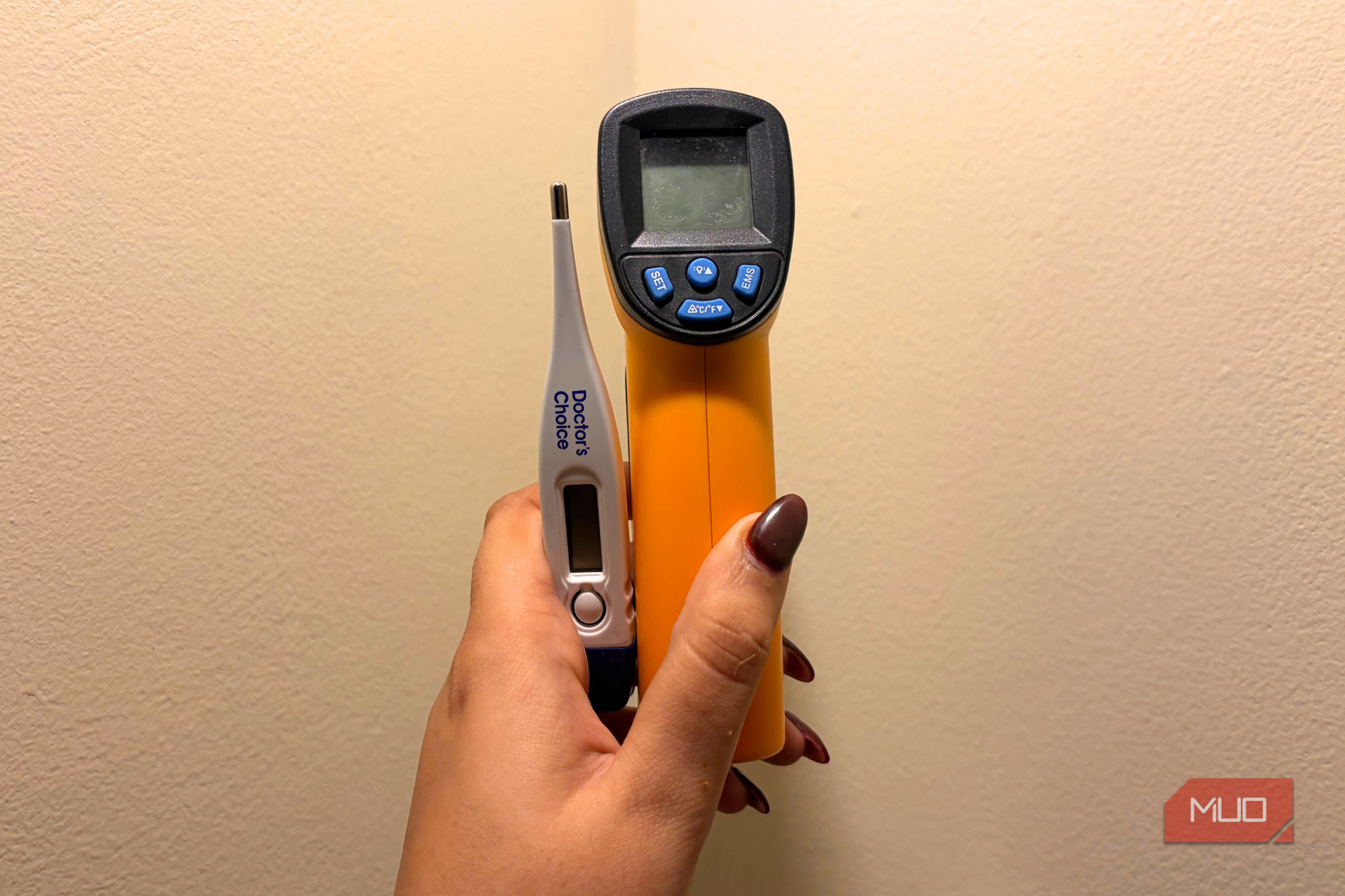 Thermometer on the left and temperature gun on the right