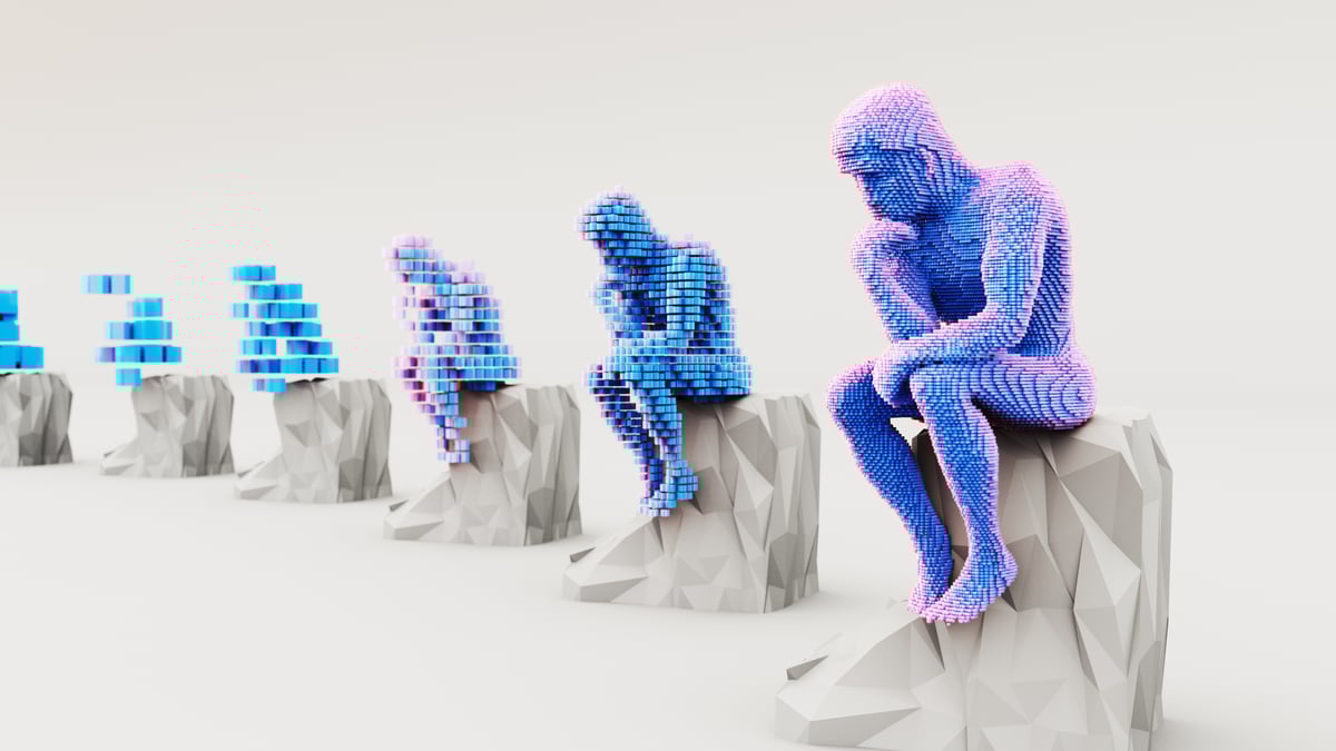 AI figures sitting on digital rocks.