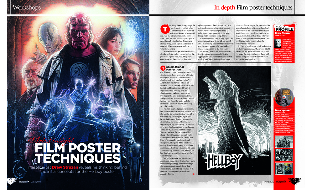 A magazine spread showing movie poster art by Drew Struzan