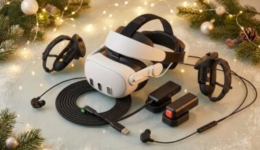 Meta Quest 3 VR accessories collage with Christmas background