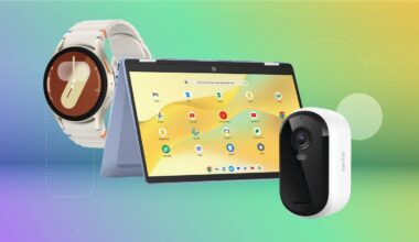 A smartwatch, laptop and security camera against a purple, green and orange gradient CNET background.