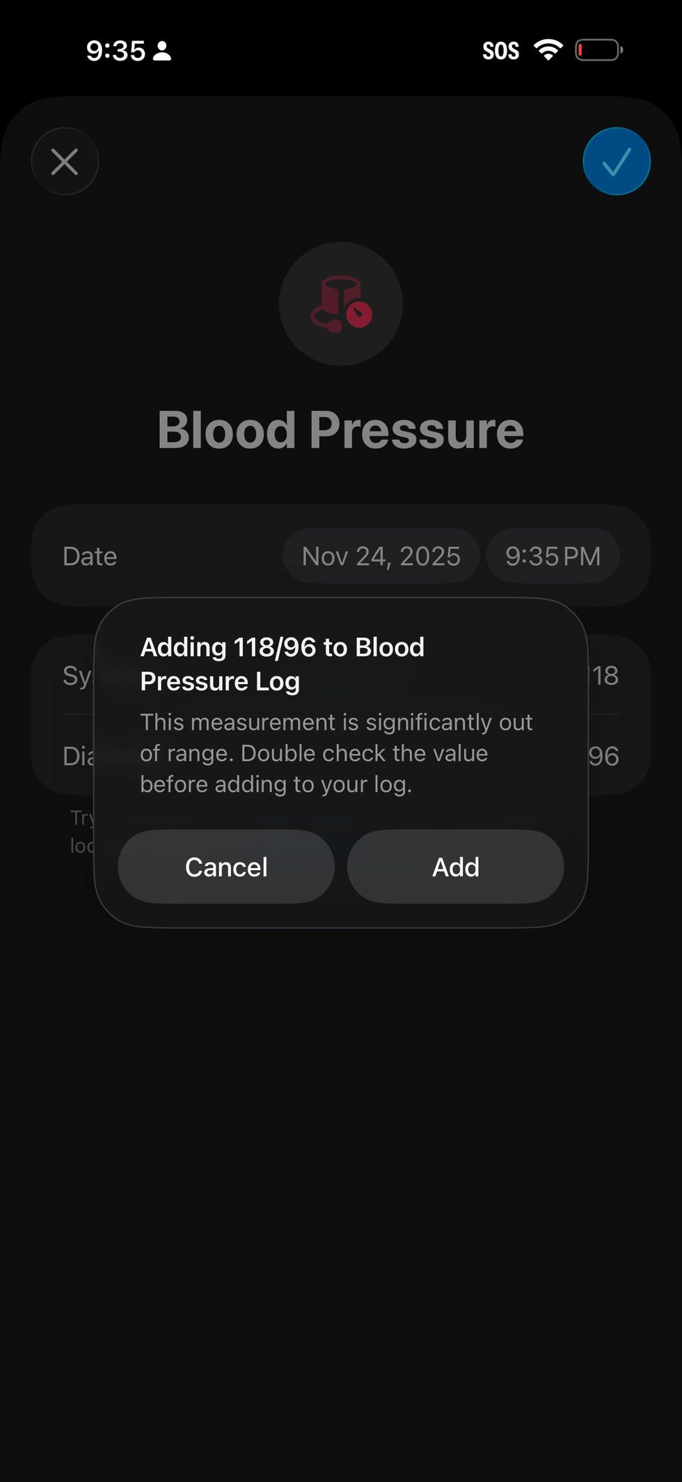 a screenshot of the blood pressure log on the health app.