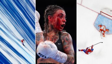 A collage shows: a skier descending a steep, blue-striped slope; a boxer with blood covering her face and gloves; and a hockey goalie guarding the net as an opponent shoots the puck from above.