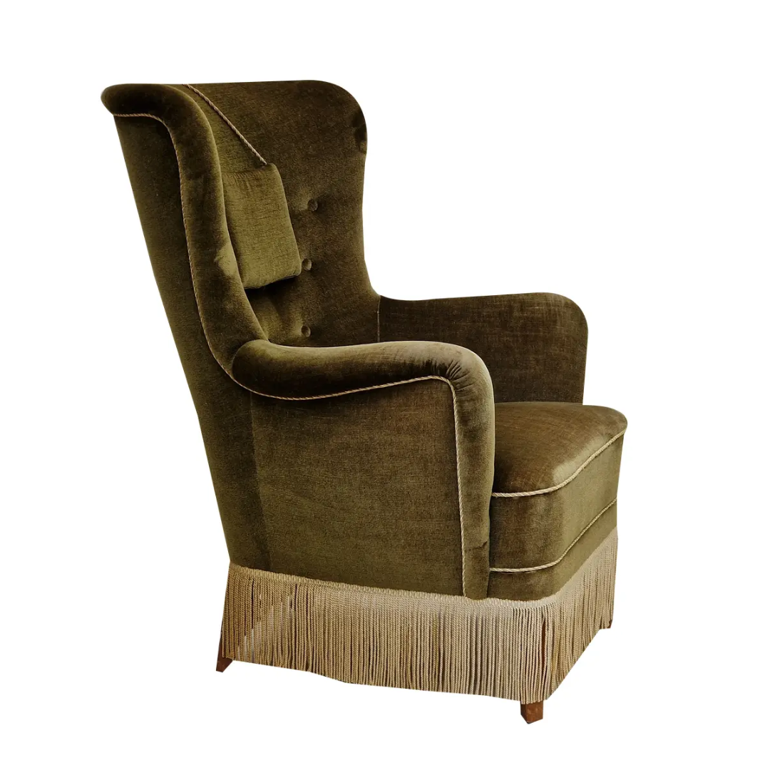 Vintage Danish Highback Armchair in Green Velvet, 1960s