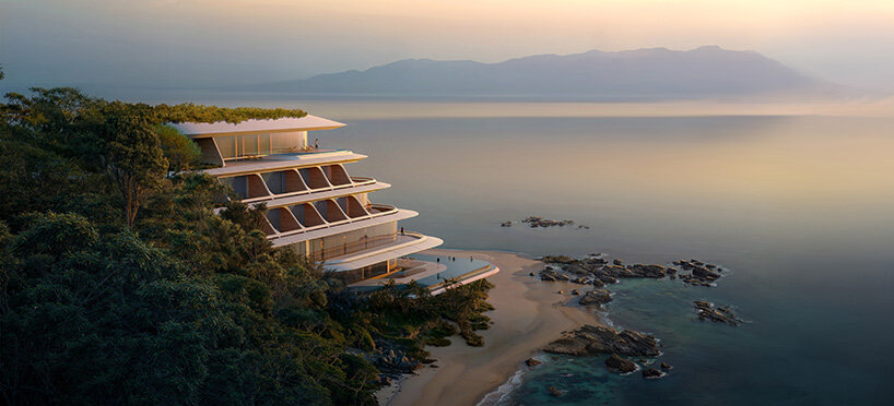 zaha hadid architects shapes stepped coastal retreat for NOT A HOTEL's vertex line in japan
