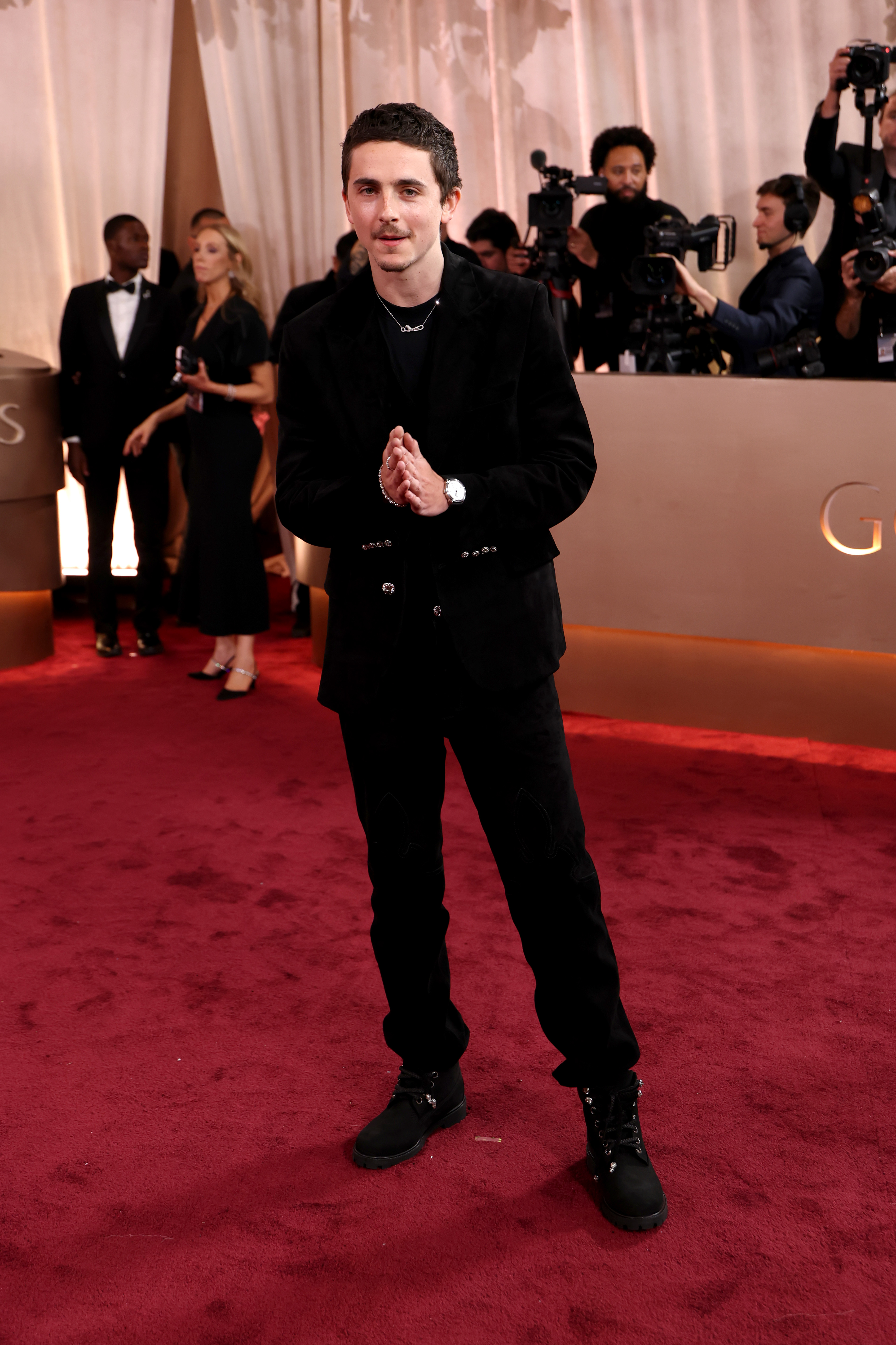 Timothée Chalamet on the red carpet at the 83rd Annual Golden Globe Awards.