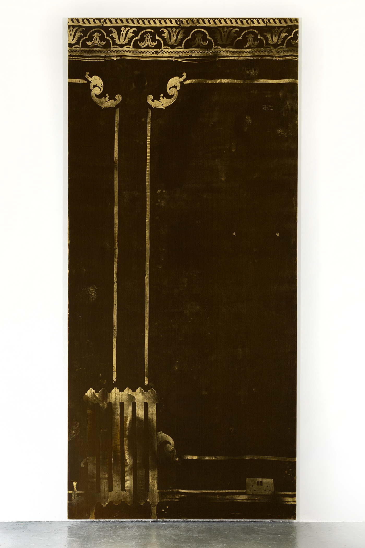 Illustration of a dark brown and gold painting with ornate designs at the top and a radiator-like shape near the bottom.