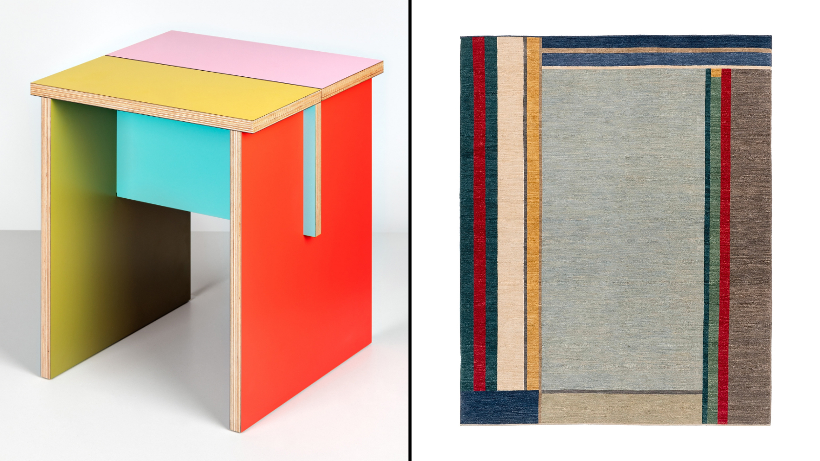 Collage of a colorful stool and a striped rug.