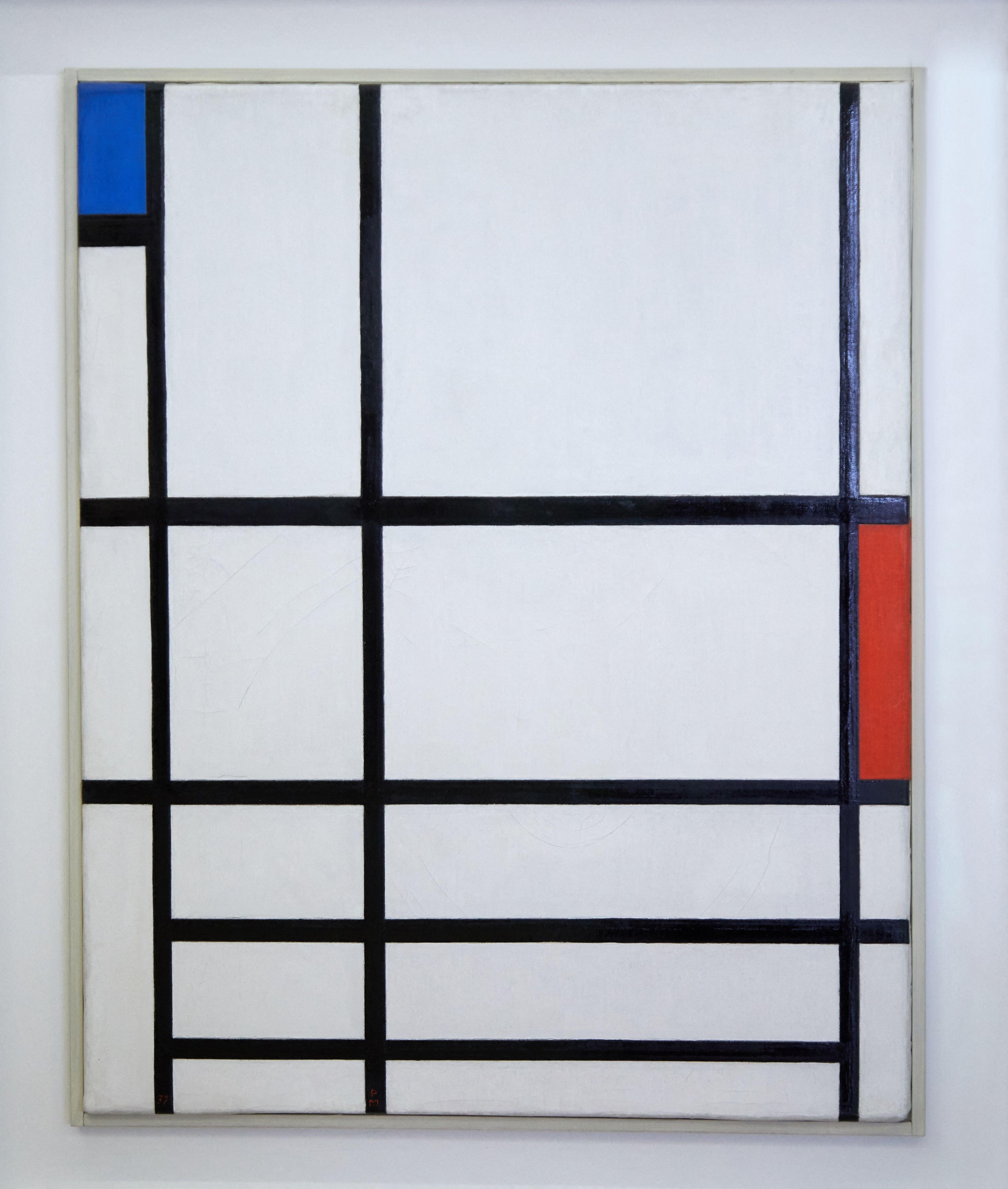 Piet Mondrian's 1937 painting "Composition en rouge, bleu et blanc II" features thick black lines forming a grid over a white canvas, with a small blue square in the top left and a small red rectangle in the right center.