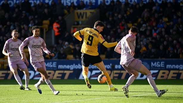 Joergen Strand Larsen of Wolverhampton Wanderers scores his team's first goal during the Emirates FA Cup Third Round match between Wolverhampton Wanderers and Shrewsbury Town on January 10, 2026 in Wolverhampton, England. (Photo by Clive Mason/Getty Images)