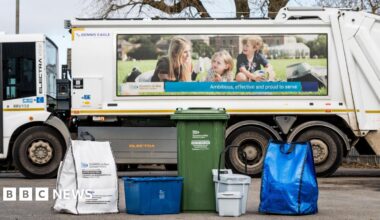 White waste bin lorry with green wheeler bin and other recycling containers in front of it including a white bag, a blue bag, a blue box, a grey caddy and a smaller grey caddy.