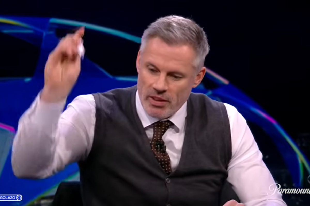 Jamie Carragher throws a pen after learning Liverpool's potential draw in the Champions League round of 16