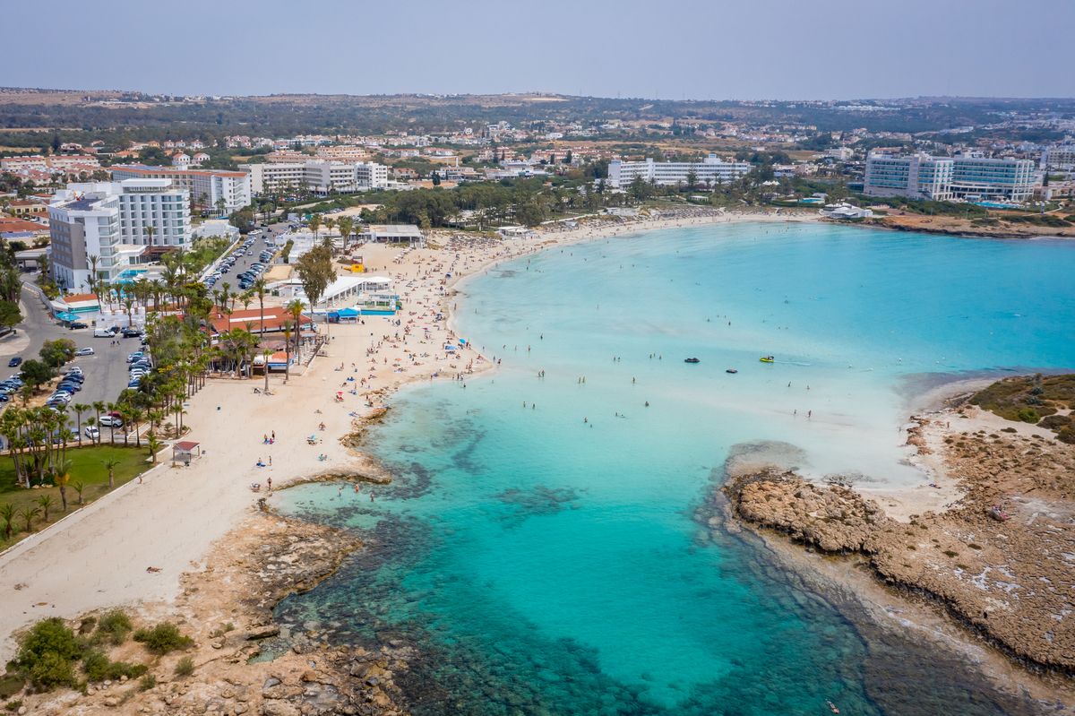 Aerial view of the most famous beaches in Cyprus - Nissi Beach