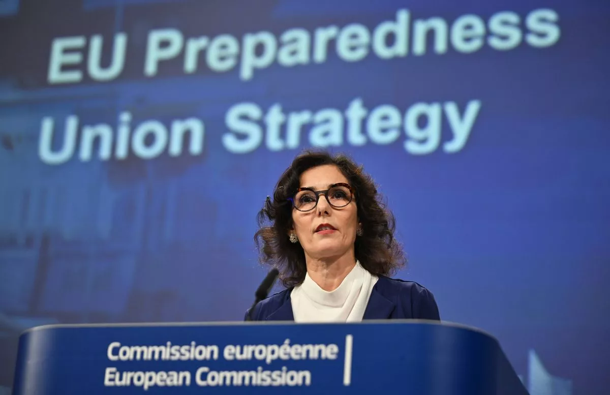March 26, 2025 - European Commissioner for Preparedness and Crisis Management Hadja Lahbib hold a press conference in Brussels, Belgium urging all EU citizens to start stockpiling essentials