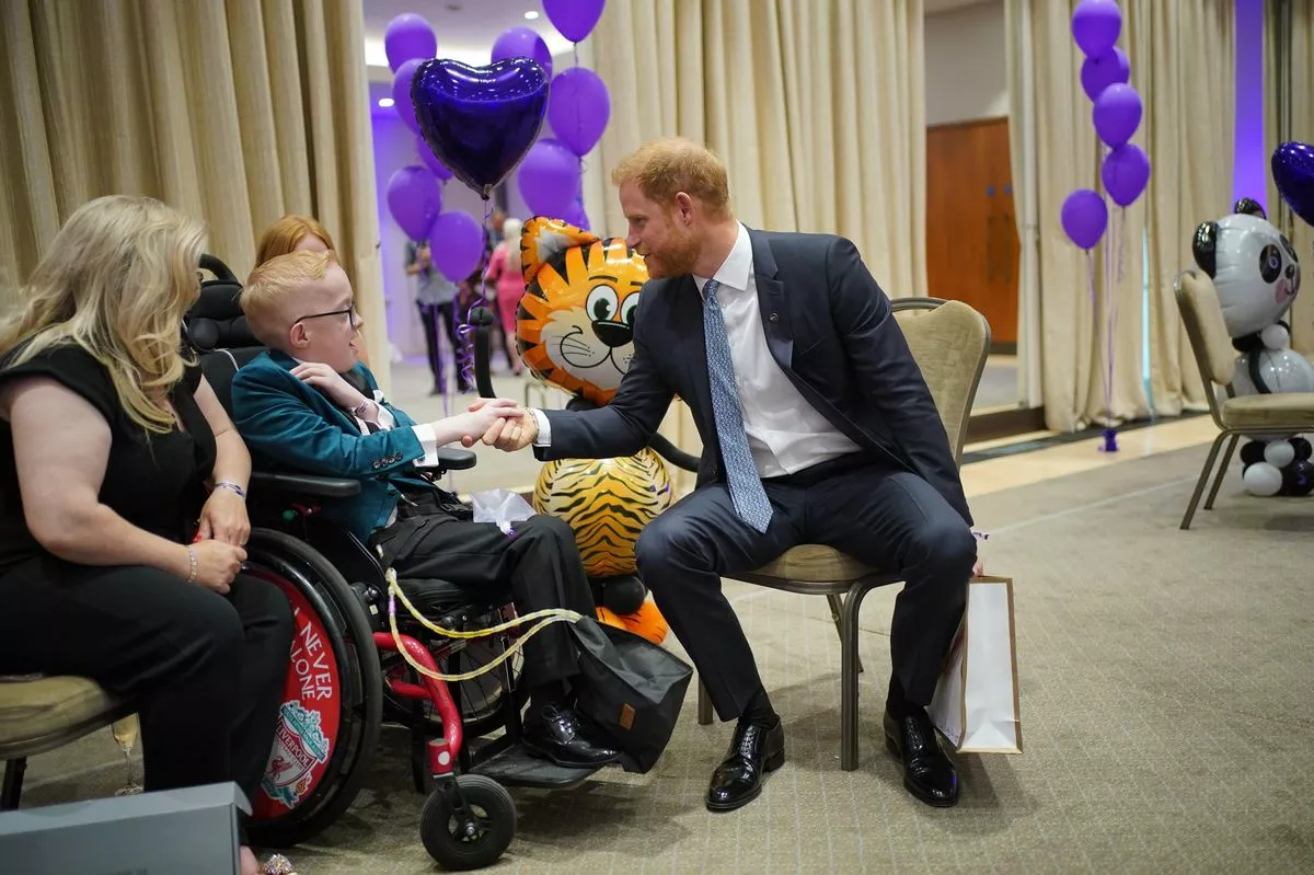 The Duke of Sussex speaks with Blake McCaughey during the annual WellChild Awards 2023 at the Hurlingham Club in London. Picture date: Thursday September 7, 2023.