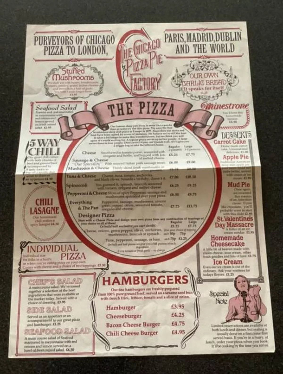 A colour photo of a copy of Dublin's Chicago Pizza Pie Factory menu
