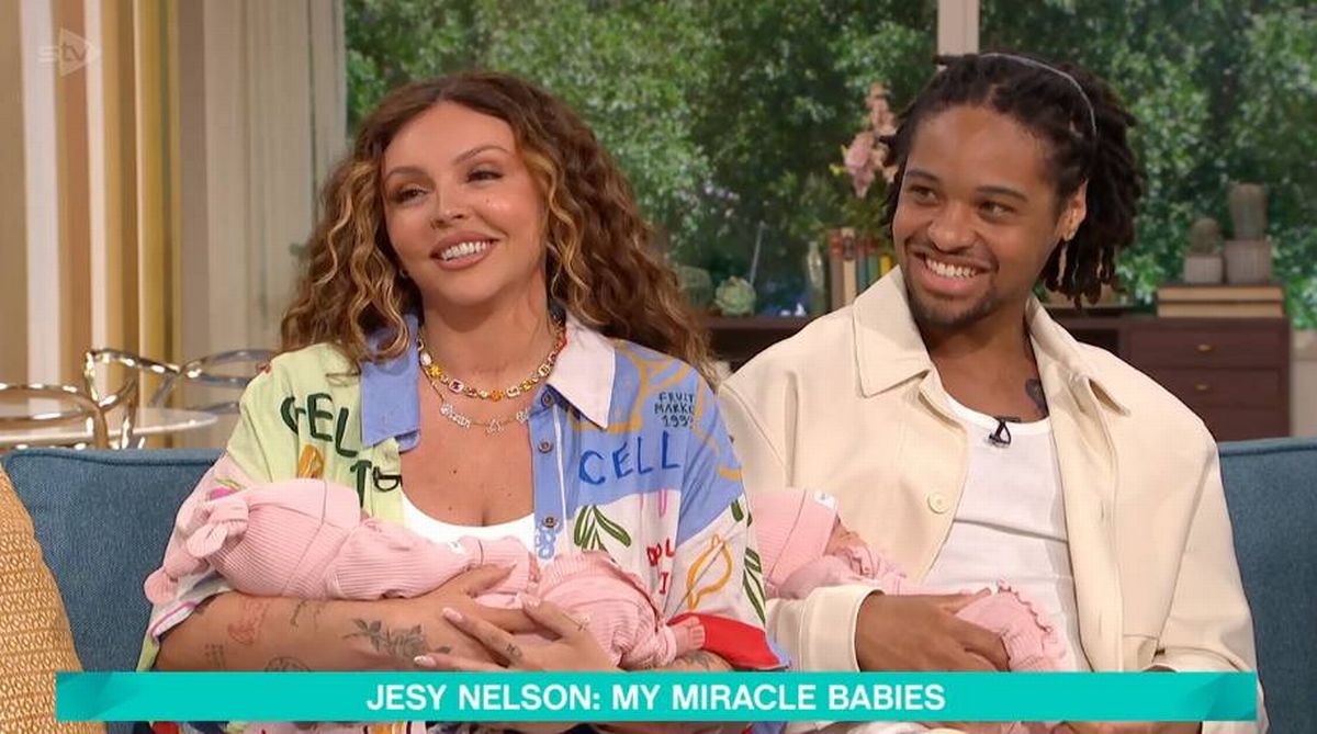 Jesy Nelson and Zion Foster with their twin daughters