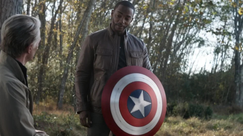 Anthony Mackie looks uncertain as he holds his Captain America shield in Avengers: Endgame.