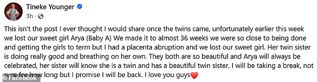 The media personality took to Instagram and Facebook on Wednesday to share the devastating loss of her 'sweet girl' in an emotional post