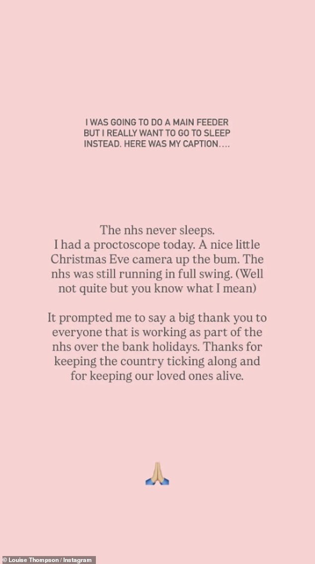 The TV personality sang the praises of the NHS, thanking them for 'running in full swing'