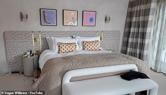 Vogue showed off her stylish bedroom with limewash walls, Con Brouder wardrobes, a huge double bed and art from her late grandmother