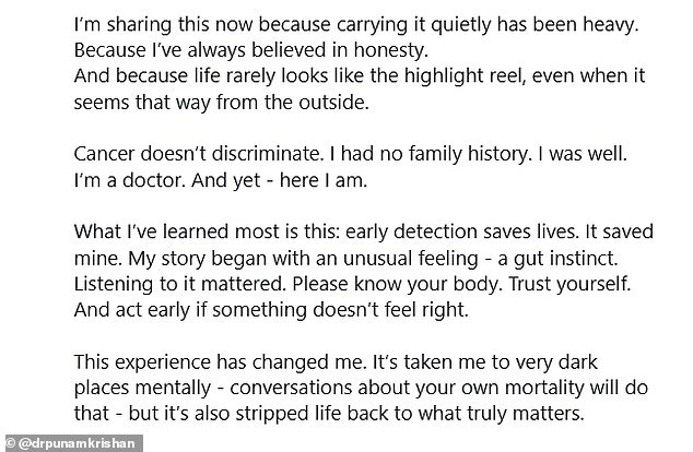 Punam explained that she had a 'gut instinct' that something was wrong and urged fans to get checked early