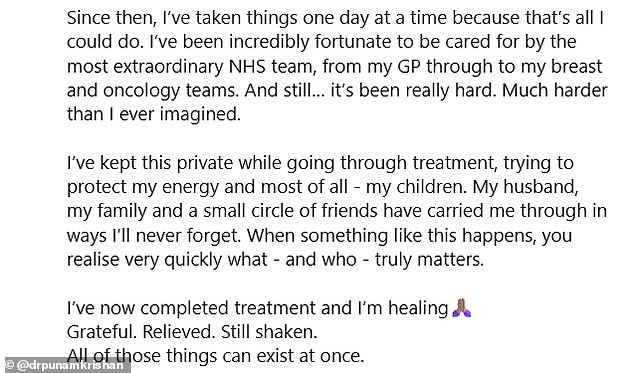 She wrote: 'Here goes… Five months ago, I heard the words nobody ever wants to hear: You have cancer. 'I still find it hard to write that sentence. But it’s my reality and my truth'