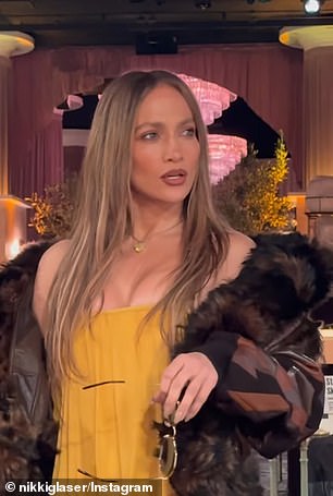 Lopez - who is one of the presenters for the event taking place on Sunday - could be seen strolling into a decorated room during rehearsals. She mouthed words to a voiceover that said, 'Who are you?'