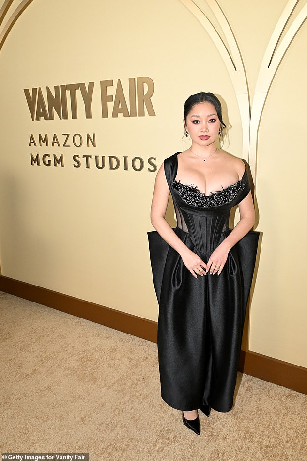 Lana Condor put on a busty display in a striking black corset dress