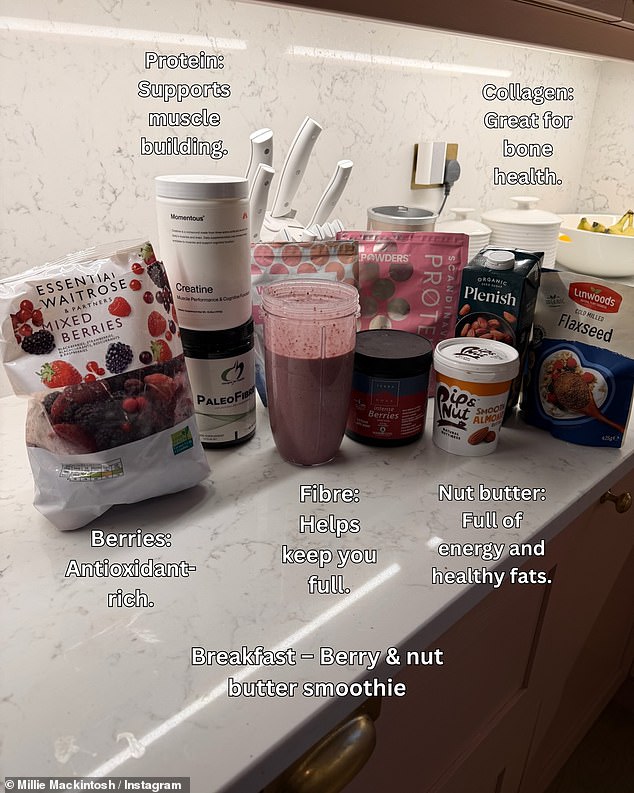 Millie later moves on to a breakfast 'berry and nut butter smoothie' as she shared the ingredients she uses