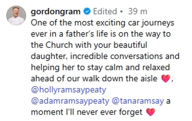 Gordon shared a gallery of images from the day, including one of himself laughing during hs speech at the reception, which reportedly included a dig at Adam's estranged family