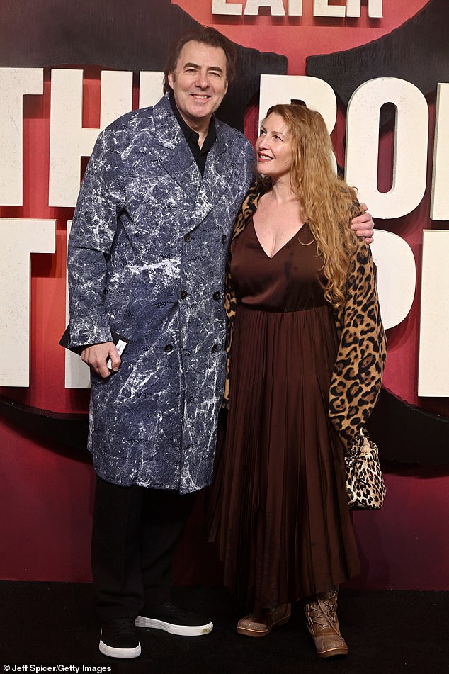 Enjoying a date night with Jonathan, who she married in 1988, Jane opted for a boho-inspired brown dress and a leopard print kimono for the event
