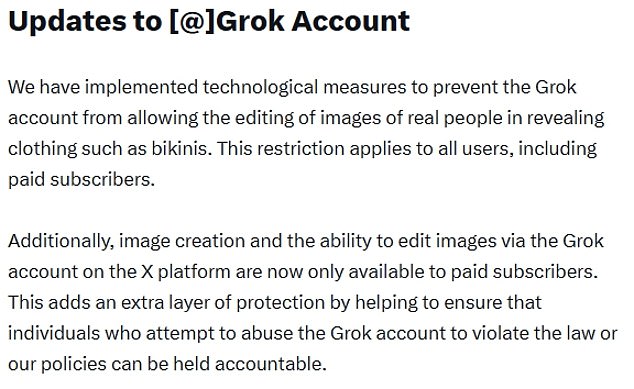 Part of the update about Grok that was posted to X on Wednesday evening