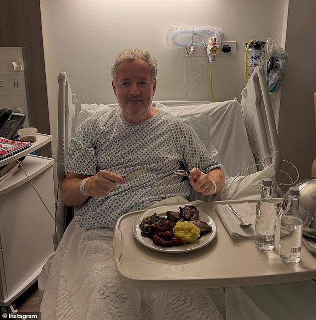 Piers Morgan had food from the upmarket Soho pub The Devonshire delivered to his hospital bed after breaking his hip in a painful fall, he revealed on Instagram on Wednesday