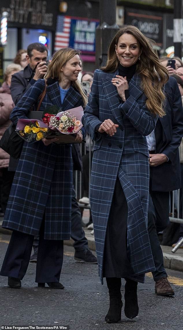 While she has typically kept a low profile, the future Queen's assistant private secretary Natalie Barrows (left) drew the attention of eagle-eyed royal fans who noticed she was twinning with Kate in near-identical navy tartan coats during a recent visit to Scotland