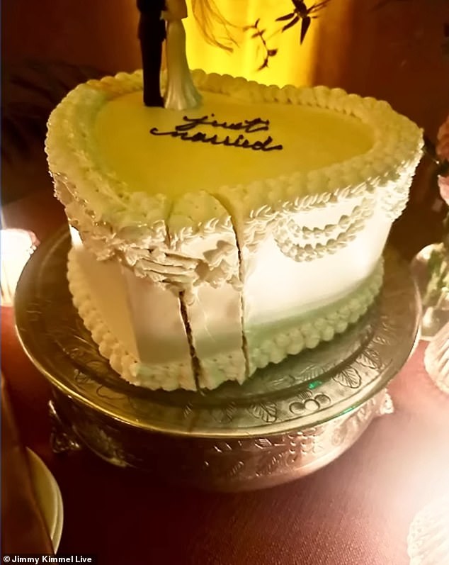 A photo was shown of the 'just married' heart-shaped cake was shown on the screen leading the audience to gasp