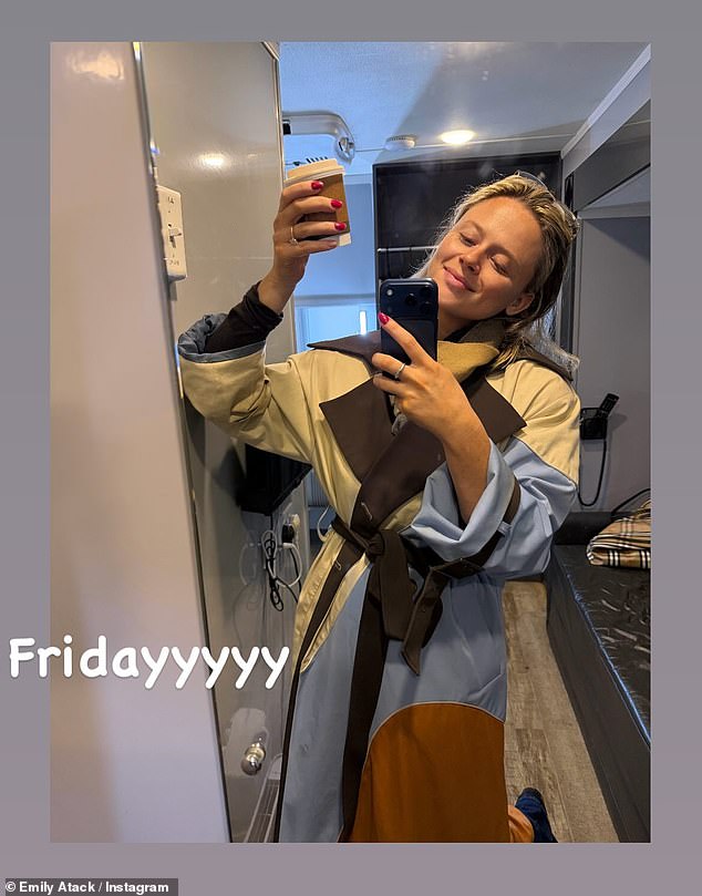 Emily Atack continued to show off her dramatic body transformation on Instagram on Friday as she shared behind-the-scenes snaps from filming the second season of Rivals