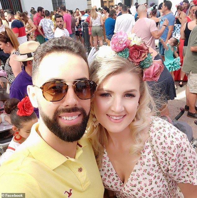 Victoria Hart, 33, (right, pictured with her ex Juan Antonio Rueda) was stabbed to death at her family home in the La Paca area of Alhaurin el Grande in Malaga